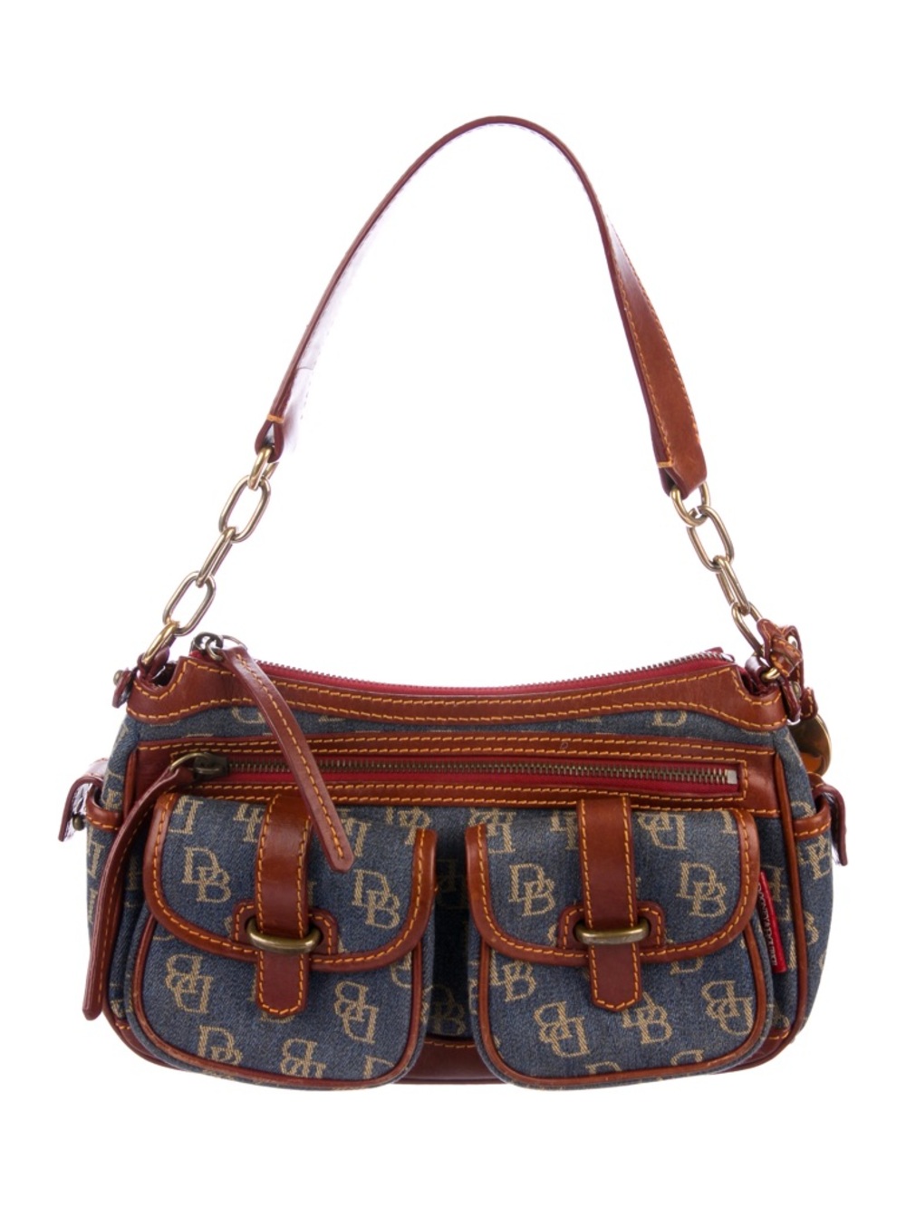 Vintage Dooney & Bourke Blue Logo Denim Banana Bag Brown Leather Trim - Picture 2 of 16